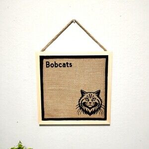 Rustic Wood Framed 12x12 Burlap Cork Board – Sports Inspired BOBCAT Mascot Decor